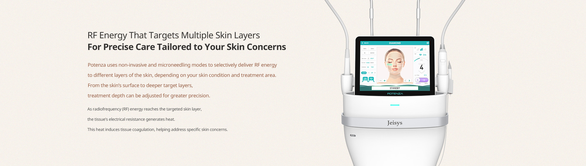 How Potenza works: RF energy delivered to the target skin layer creates a thermal response that supports skin regeneration and collagen production.